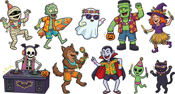 Monsters dancing at a festive summer party bring a lively and spooky energy.
