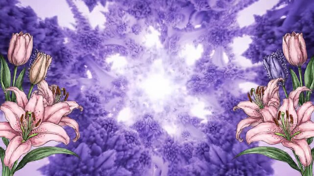 Luminous purple, white animated fractal pulses with kaleidoscope effect, framed by pastel floral line art on blush to lavender gradient. abstract floral symmetry concept