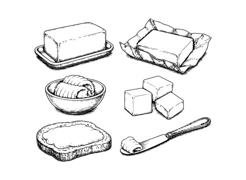 Simple hand drawn butter sketch set, engraved breakfast food illustration clip art