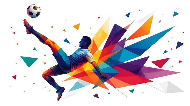 Abstract soccer player performing an acrobatic bicycle kick with colorful geometric shapes. Concept of World Cup 2026, football action, athletic skill and championship competition