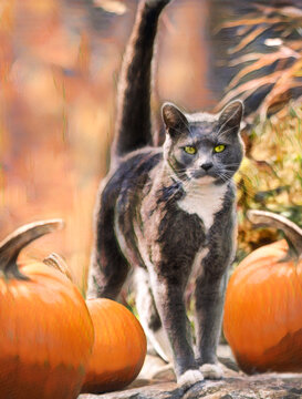 Gray Tuxedo cat standing on stone wall with orange pumpkins, digital photo art