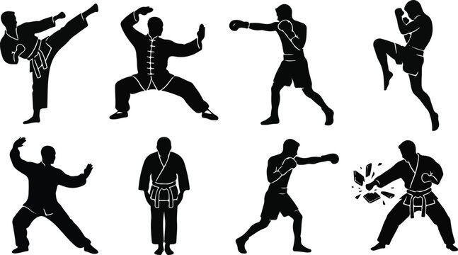 Comprehensive martial arts silhouette icon set featuring karate kung fu boxing and kickboxing poses for combat sports training and fitness