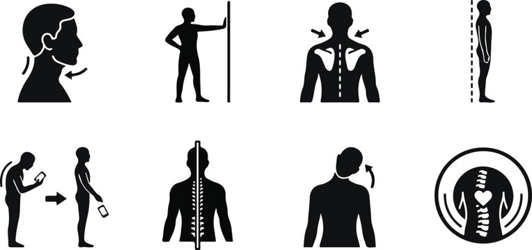 Comprehensive posture correction and spinal health icon set featuring ergonomic exercises neck stretches and back alignment silhouettes for wellness