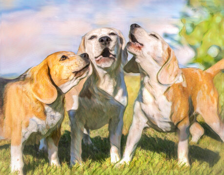 trio of baying Beagle dogs harmonize on lawn, digital photo art