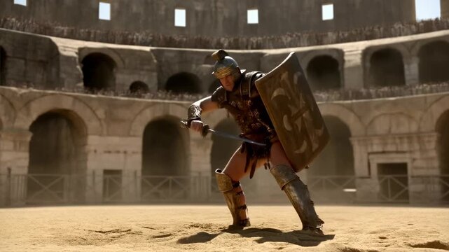 Gladiator engaged in intense arena combat with sword and shield