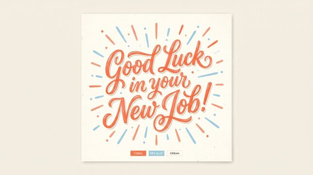 A cheerful hand-lettered greeting card featuring "Good Luck in your New Job!" in coral cursive, accented by festive sky-blue and coral bursts on a textured cream background.