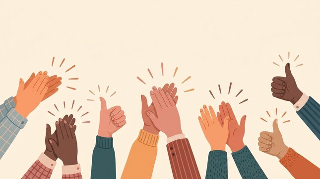 A diverse group of hands clapping and giving thumbs-up gestures, celebrating success, support, and community appreciation in a warm, minimalist flat vector art style.