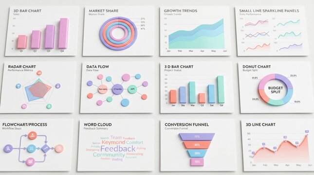 Data Visualization Collage: A collection of various graphic representations including bar charts, line graphs, radar charts, and flowcharts, illustrating data analysis and business trends.