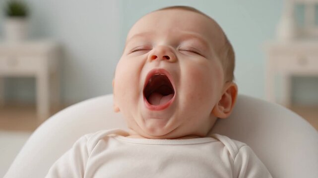 Baby yawning opening mouth and waking up in white nursery chair at home in the morning calm expression