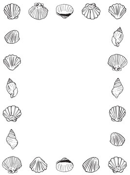 Seashell frame hand drawn sketch, black line art. Border with different shells scallop whelk cockle, marine beach copy space, vector clipart isolated on white background.