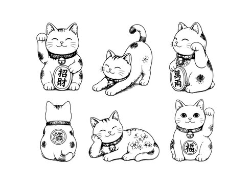 Simple hand drawn maneki neko lucky cat sketch set, engraved chinese fortune cat illustration clip art