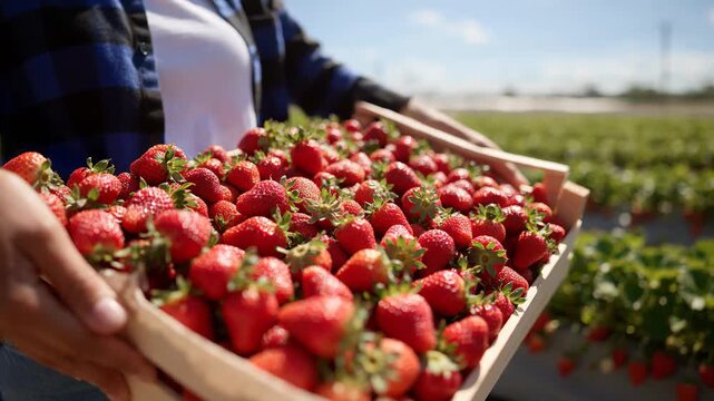 Farmer holding wooden crate of freshly picked strawberries in outdoor strawberry field under sunny sky during daytime harvest