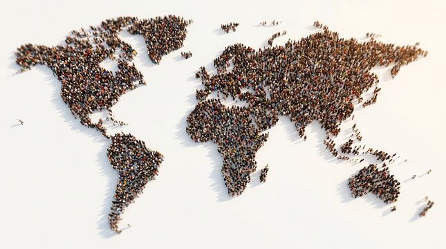 An incredible top-down aerial view capturing thousands of diverse people standing together to form a massive, detailed map of the world on a clean white background.