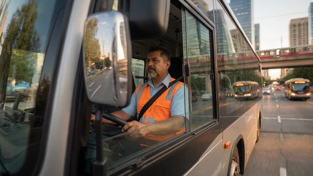 Bus driver steering city bus through downtown street under elevated train tracks during evening commute