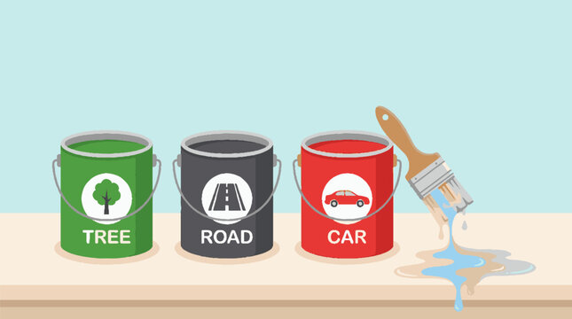 Vector illustration of three paint cans labeled tree road and car with a dripping paintbrush.