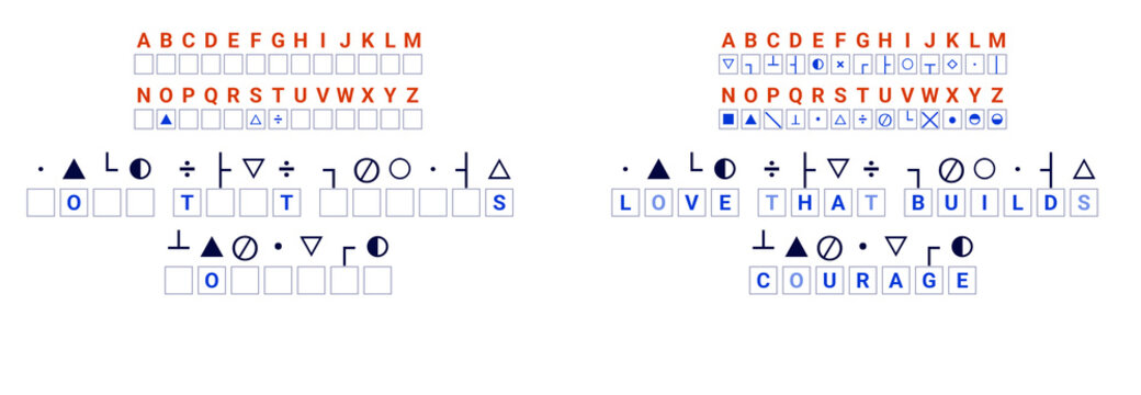 Symbolic cryptogram on Father's Day, phrase: Love that builds courage, with 3 open letters.