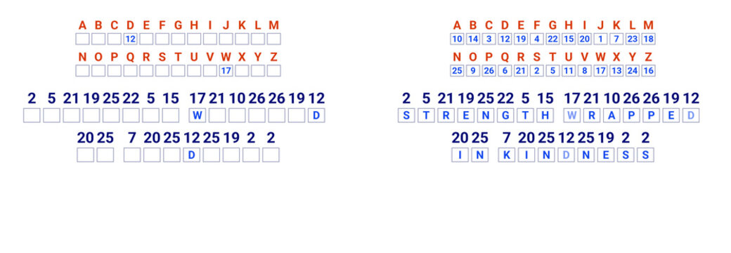 Numerical cryptogram on Father's Day, phrase: Strength wrapped in kindness, with 2 open letters.
