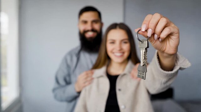 Young couple smiling holding house keys up inside modern apartment living room after purchase
