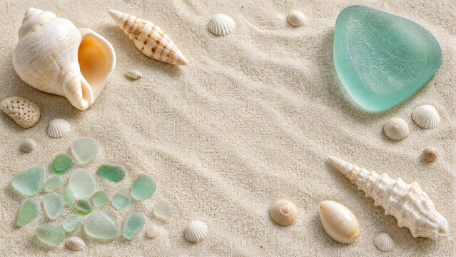 Serene flat lay of beautiful seashells and frosted green sea glass on fine white beach sand with central copy space. Sunny summer vibe for coastal, marine, travel or spa vacation backgrounds.