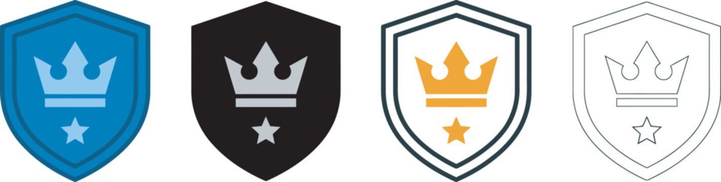 Collection of four shield with crowns and stars in various styles featuring blue and gold colors for security and branding