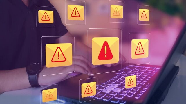 Emails alert spam virus message caution sign for notification on internet threat security. Harmful, junk mail and Trash, Spam email pop up warning.