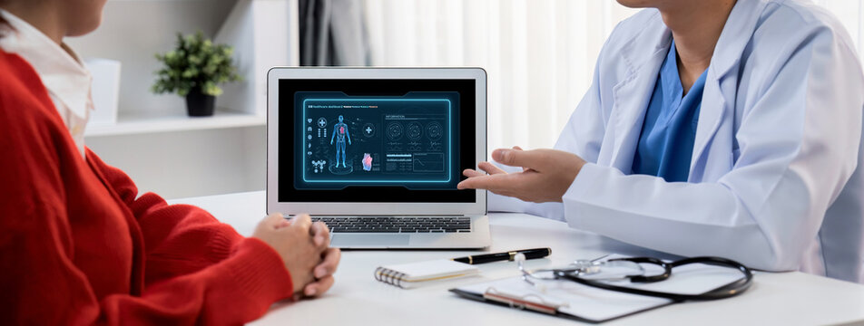 Medical science technology and futuristic healthcare virtual computer software analyze human health and diagnose disease for doctor data and medical research. brisk