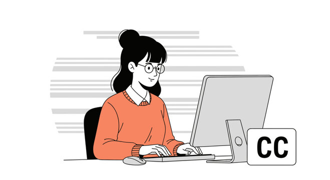 Woman working on computer with closed captions icon, vector illustration for accessibility and content creation