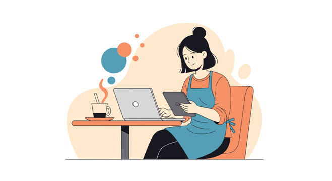 Woman working on laptop and tablet at cafe table with coffee, flat vector illustration