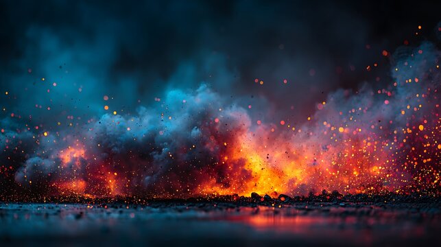 Vibrant fireworks explosion over dark night sky, red orange yellow colors background