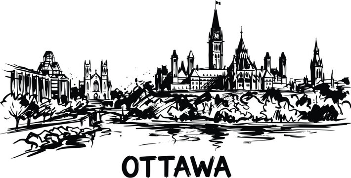 Ottawa skyline illustration with parliament hill and other iconic buildings rendered in a dynamic black ink sketch