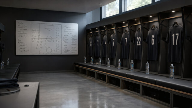 Empty professional soccer locker room after tournament match