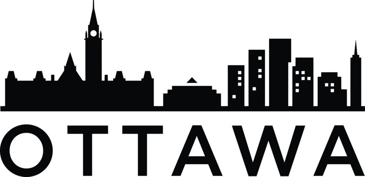 Ottawa skyline silhouette with modern buildings and parliament hill in a black and white vector illustration, iconic cityscape and landmarks