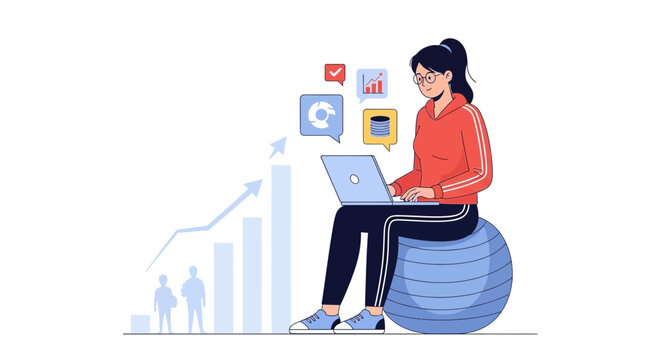 Woman working on laptop while sitting on an exercise ball, with growth charts and analytics icons in the background.