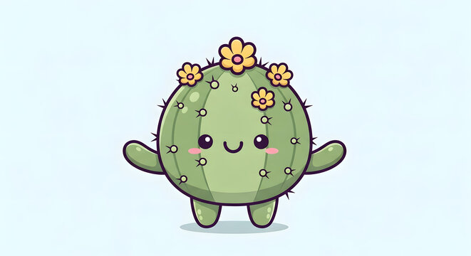 Cute cartoon-style cactus character with small flowers, smiling and waving with its arms and legs, set against a plain blue background