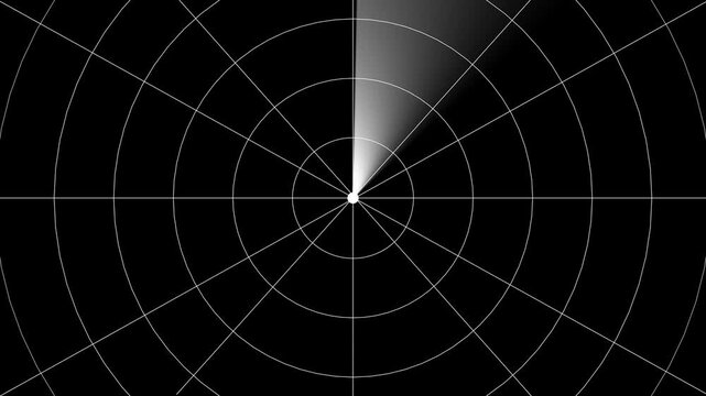 Digital radar screen with a white scanning beam and a red target dot on a circular grid background for military and navigation system concepts