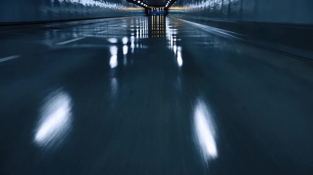 Tracking shot of wet tunnel road with reflective lights moving forward over glossy pavement in urban underground highway at night