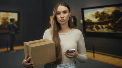Woman holding cardboard box and smartphone, neutral expression, hands visible, standing in a museum building with paintings on walls  delivery duty serious. © Krakenimages.com