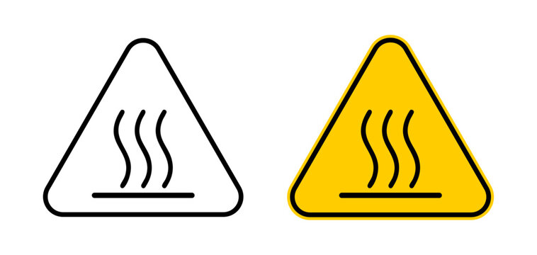 Hot surface warning sign icon set with heat hazard symbol in outline and colored styles. Burn risk signage for workplace safety, industrial caution and danger alerts