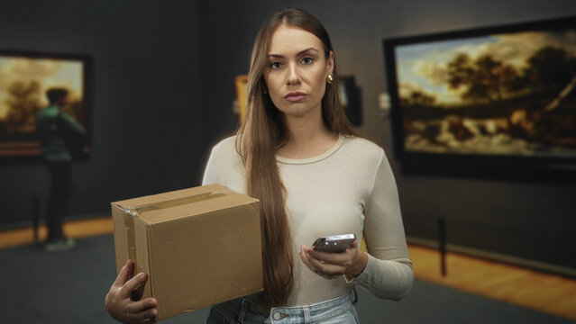 Woman holding cardboard box and smartphone, neutral expression, hands visible, standing in a museum building with paintings on walls; delivery duty serious.