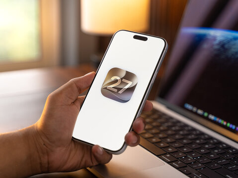 IOS 27 logo is displayed on the screen of a smartphone, in Bangalore, India, on June 8, 2026
