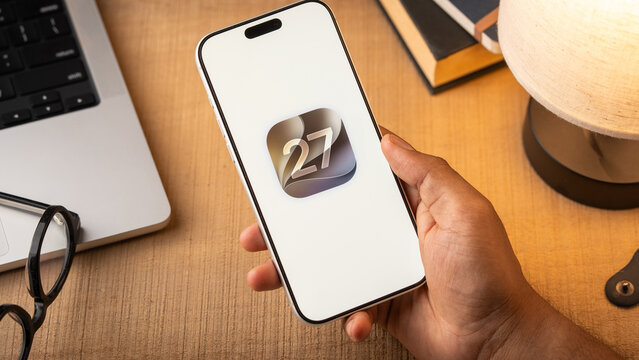 IOS 27 logo is displayed on the screen of a smartphone, in Bangalore, India, on June 8, 2026
