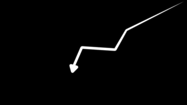 Animated white line graph arrow pointing downwards on black background, for financial analysis, and market trend presentation