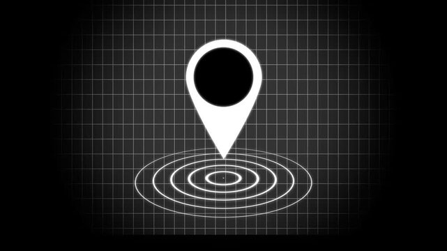 Digital map location pin with pulsing radar animation on grid background, navigation