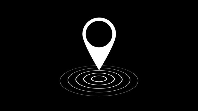 Animated map location pin with pulsing radar waves on black background, navigation
