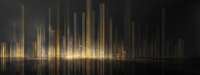 Obraz premium abstract golden vertical light lines with reflection on dark background. concept of technology, luxury and futuristic finance. banner 