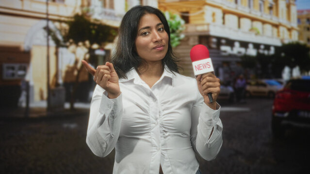 Woman holding red microphone and pointing index finger on city street in front of building; confidence live reporting.