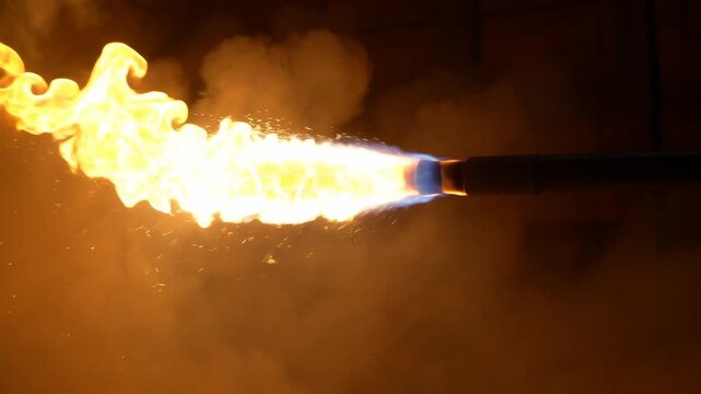 Slow motion static close up of flamethrower nozzle blasting fire jet from industrial burner in dark indoor studio workshop setting