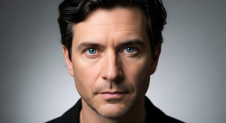 Obraz premium Professional Portrait of a Confident Man with Striking Blue Eyes and Dark Hair against a Minimalist Grey Background