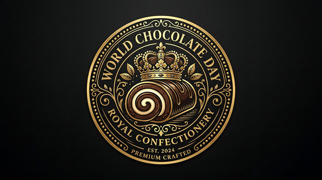Elegant gold royal confectionery world chocolate day emblem featuring a swiss roll cake chocolate confectionery celebration branding metallic excellence