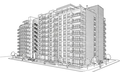Fototapeta premium Detailed architectural vector illustration of a modern residential apartment building featuring clean lines and balconies